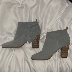 Gray faux suede fringe heeled booties